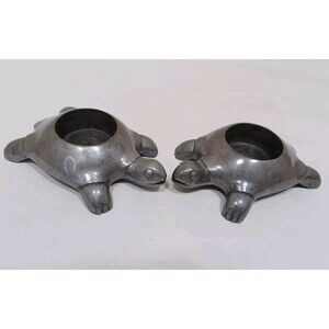 2 Pair Of Silver Sea Turtle Tea Light Candle Holders W/ Amazing Patina Heavy